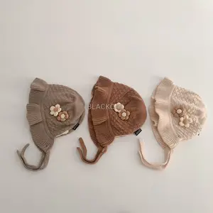 Topi Kupluk Bayi Rajut Bunga 3D Lucu | Topi Bayi Perempuan Hangat | Topi Bayi Tali 0–2 Tahun