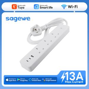Jalur Kuasa Pintar, SAGEWE, Standard UK WiFi, 3 USB (2C1A 35W) dan 3 Outlet Kawalan Individu, Pemeteran, Kawalan Jauh, Perlindungan Lonjakan, Kawalan Suara dengan Alexa & Pembantu Google