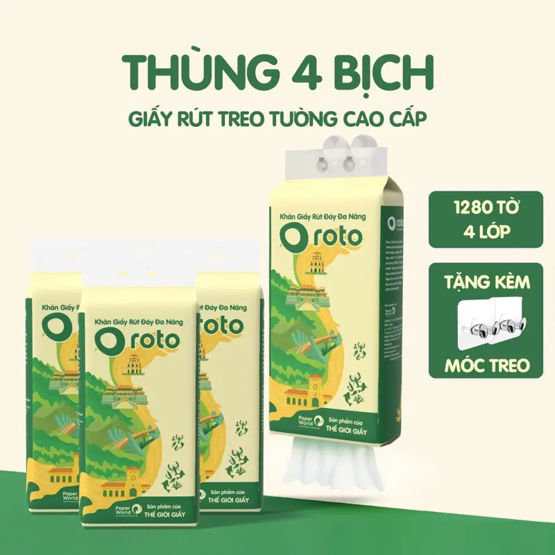 Thùng 4 bịch Khăn giấy đa năng cao cấp Roto rút treo tuờng 4 lớp cao cấp 1280 tờ, bột giấy nguyên sinh | Thế Giới Giấy | RT1280. Giấy Ăn giay  rut Toilet