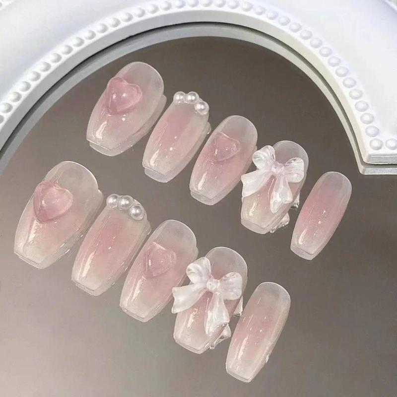 Product Introduction of Cute Pink Sweet Princess Removable Handmade Wear Nail Art Y2K Vitality Girl Short Fake Nails Blush Bow Patch Nail 6