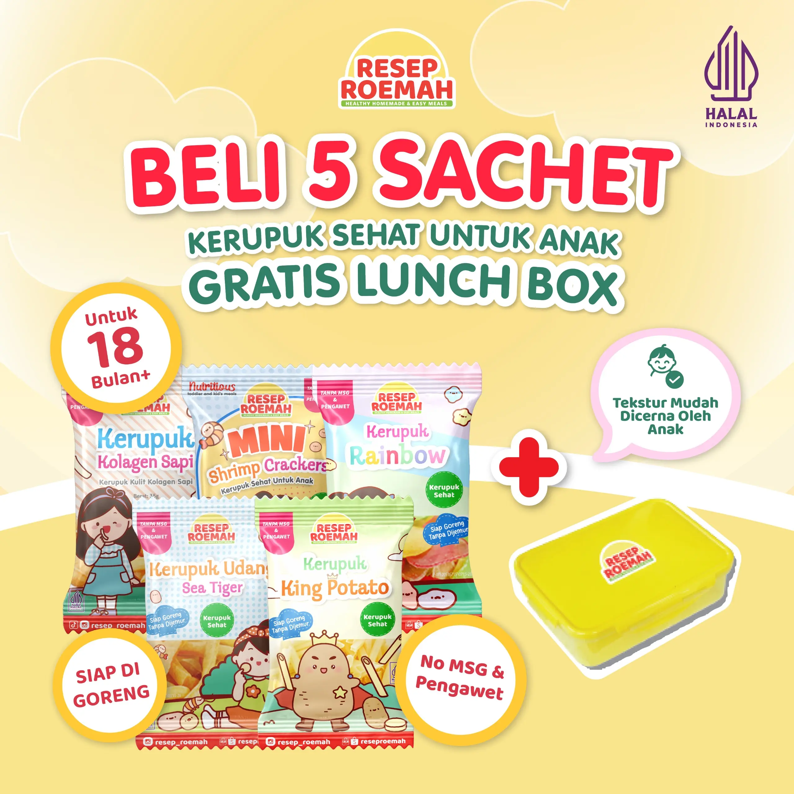Bundling 5 Kids Crackers Free Lunch Box - Kerupuk Sehat Untuk Anak 50gr No MSG