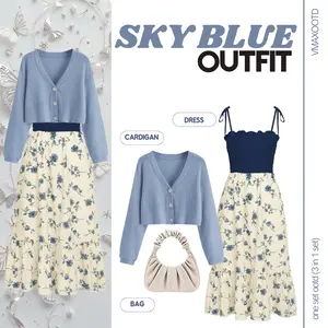 Setelan Remaja Korea FLORAL BLUE – (Dress, Cardigan, Shoulder bag) One Set 3In1 Wanita Kekinian - LS11