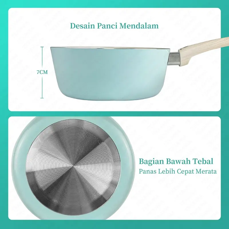 TEXANIA Set Panci Mie Biru Alumunium Anti Lengket 18cm - Frypan Biru Alumunium Anti Lengket 22cm Gagang Motif Kayu Lembut Stainless Bottom Free Obeng Kitchenware 3