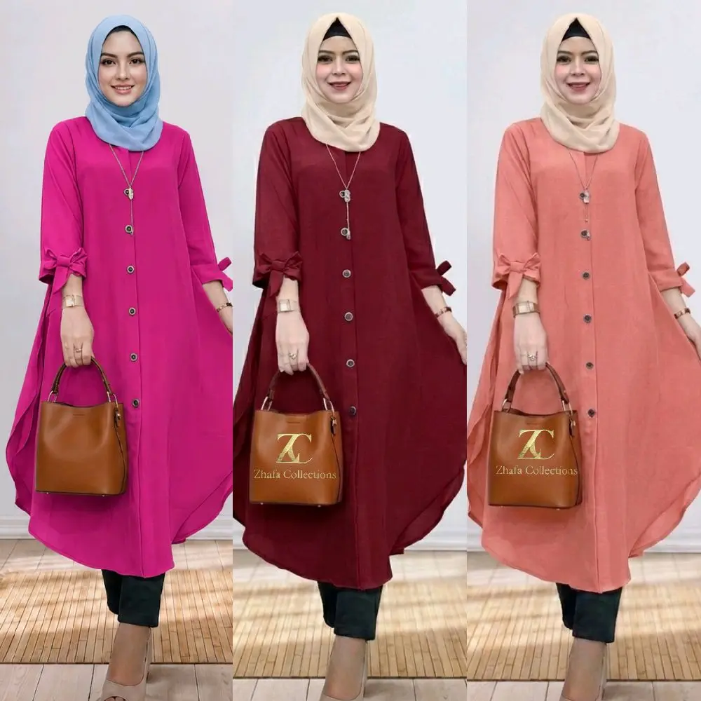 Zhafa Long Tunik Jumbo Paket 3 PCS 100 Ribu Atasan Wanita Lengan Panjang Saku Variasi Pita Hijab Busui BB 40-95 kg