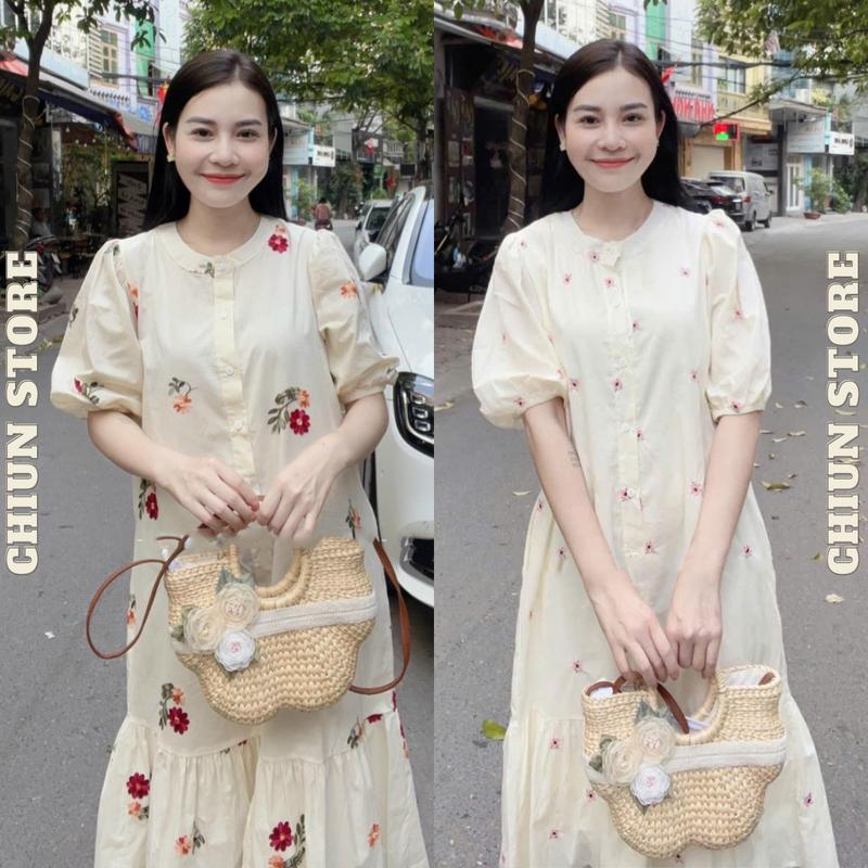 Váy Bầu Đầm Bầu Công Sở, Tiệc Cổ Tầu Hoa Nhí Kem Xanh Đỏ Đuôi Cá Tay Lỡ Chất Liệu Lụa Sữa Mềm Mát Mùa Hè M709 Chiun Store (ĐẦM CÓ 1 TÚI 1 BÊN SƯỜN) Đi Làm ĐI Chơi Nữ Women Dress dáng dài