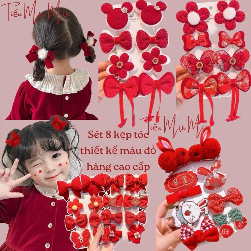 Vỉ 8 Kẹp tóc mái nhung đỏ hàng thiết kế bọc vải
