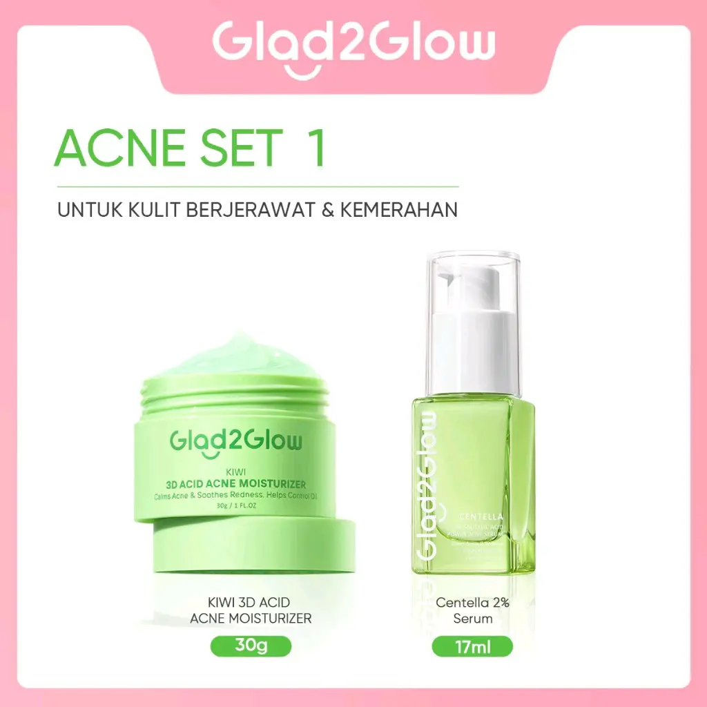 GLAD2GLOW SPESIAL BUNDLING 2IN1 PAKET SKINCARE 2 PCS MOISTURIZER ACNE KIWI SERUM ACNE - ACNE KIT buat Semua Tipe Kulit BHA Skin Care Kits Sensitive Kontrol Minyak wajah berjerawat tea tree oil kit perawatan kulit gloglowing 1 paket