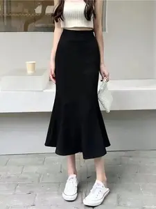 GRACESY-Lunar Mermaid Skirt Midi - Rok Scuba Flare Wanita Premium Kantoran - Rok Mermaid Basic Polos Formal Panjang Fit Karet outfit Kerja Maxi Casual span - M-Midi Hitam, Jumbo (61kg-85kg)