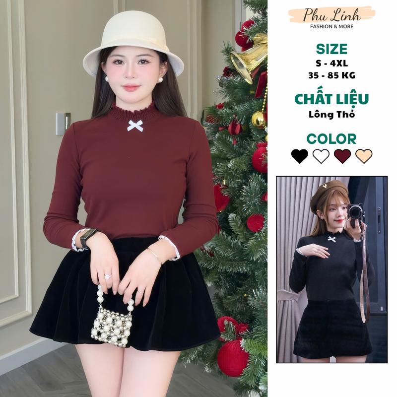 Deal Mở Bán Áo Giữ Nhiệt Lông Thỏ Cổ Chun Phối Nơ Tay Ren Bèo Xinh Xắn Mềm Mịn Ấm Áp PhulinhFashion MS425 Top Nữ