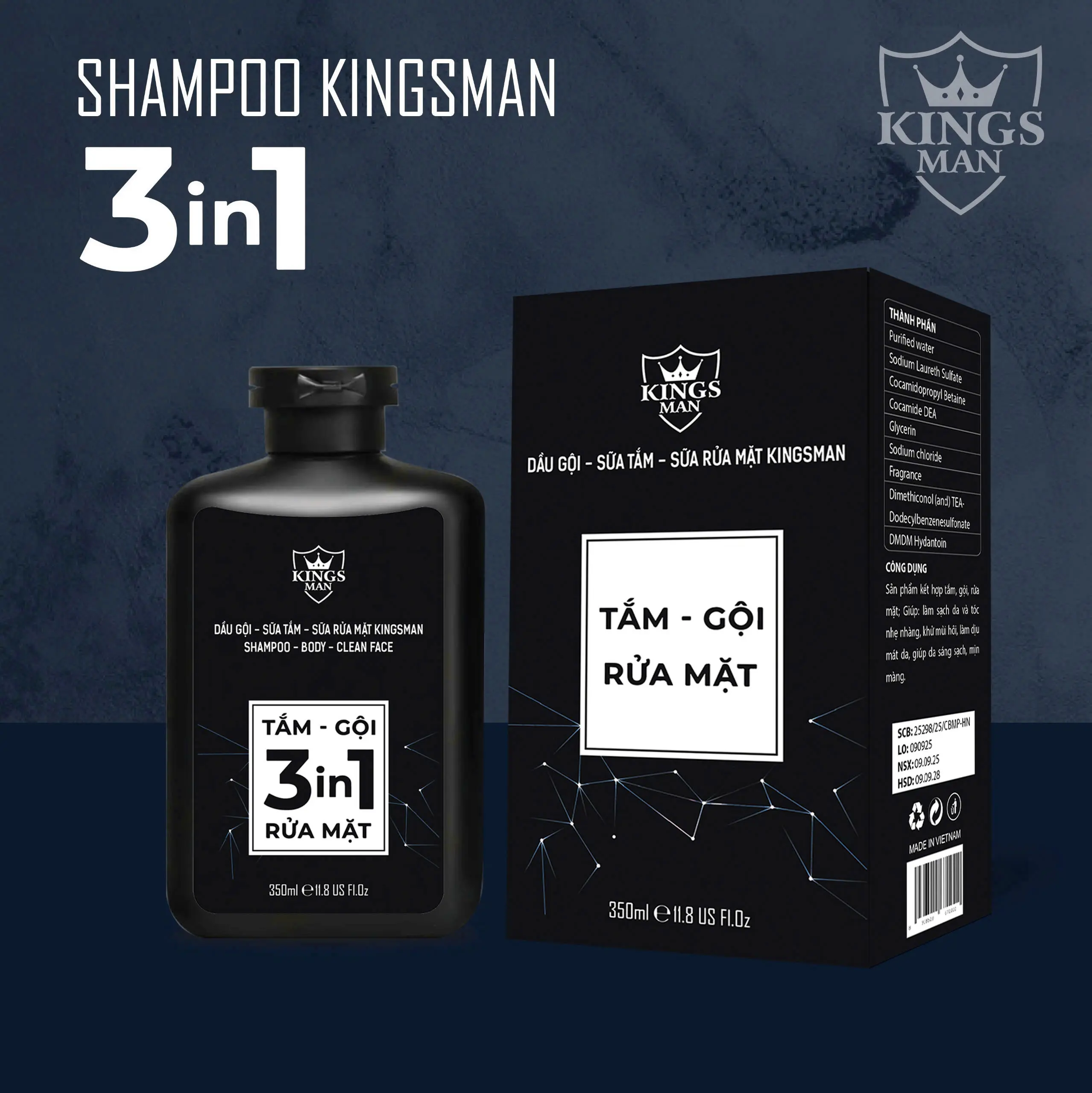 1 CHAI SỮA TĂM - GỘI - RỬA MẶT 3IN1 350ml Dành Cho Nam Giới Dưỡng Thể Dưỡng Ẩm Da & Tẩy Tế Bào Chết Tiện Lợi & Tiết Kiệm Thời Gian