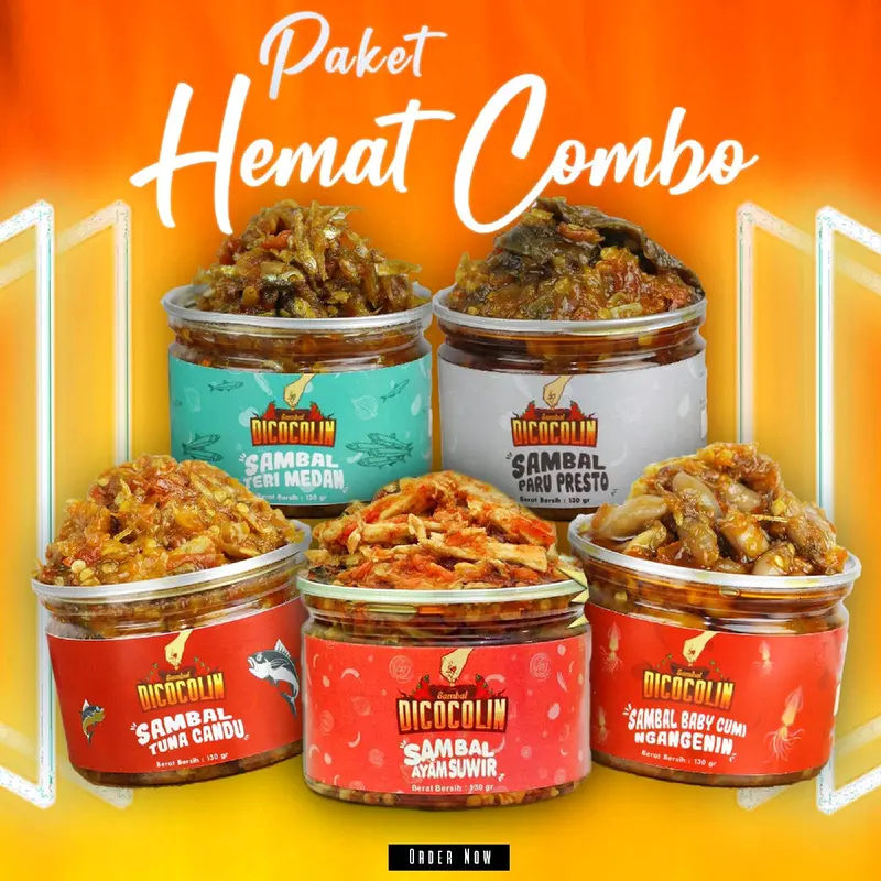 Paket Sambaldicocolin Hemat Combo (130Gram x 5pcs) - Sambal Ayam Suwir, Baby Cumi, Tuna Candu, Teri Medan, Paru Presto - Instan, Asin - Makanan, Manis Food 0