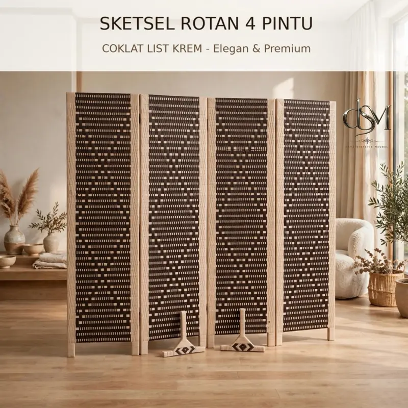 SKETSEL ROTAN 4 PINTU PREMIUM - Sekat Ruangan Jumbo / Partisi Ruangan Minimalis Mewah / Penyebab Ruangan Rapi