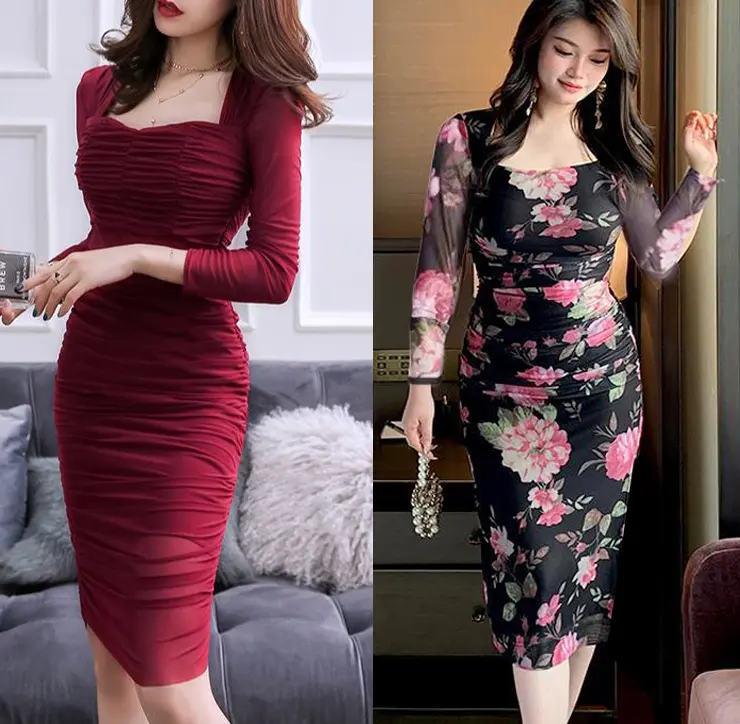 Female OL temperament  royal sister style slim fit buttocks  sexy mesh pleated dress
