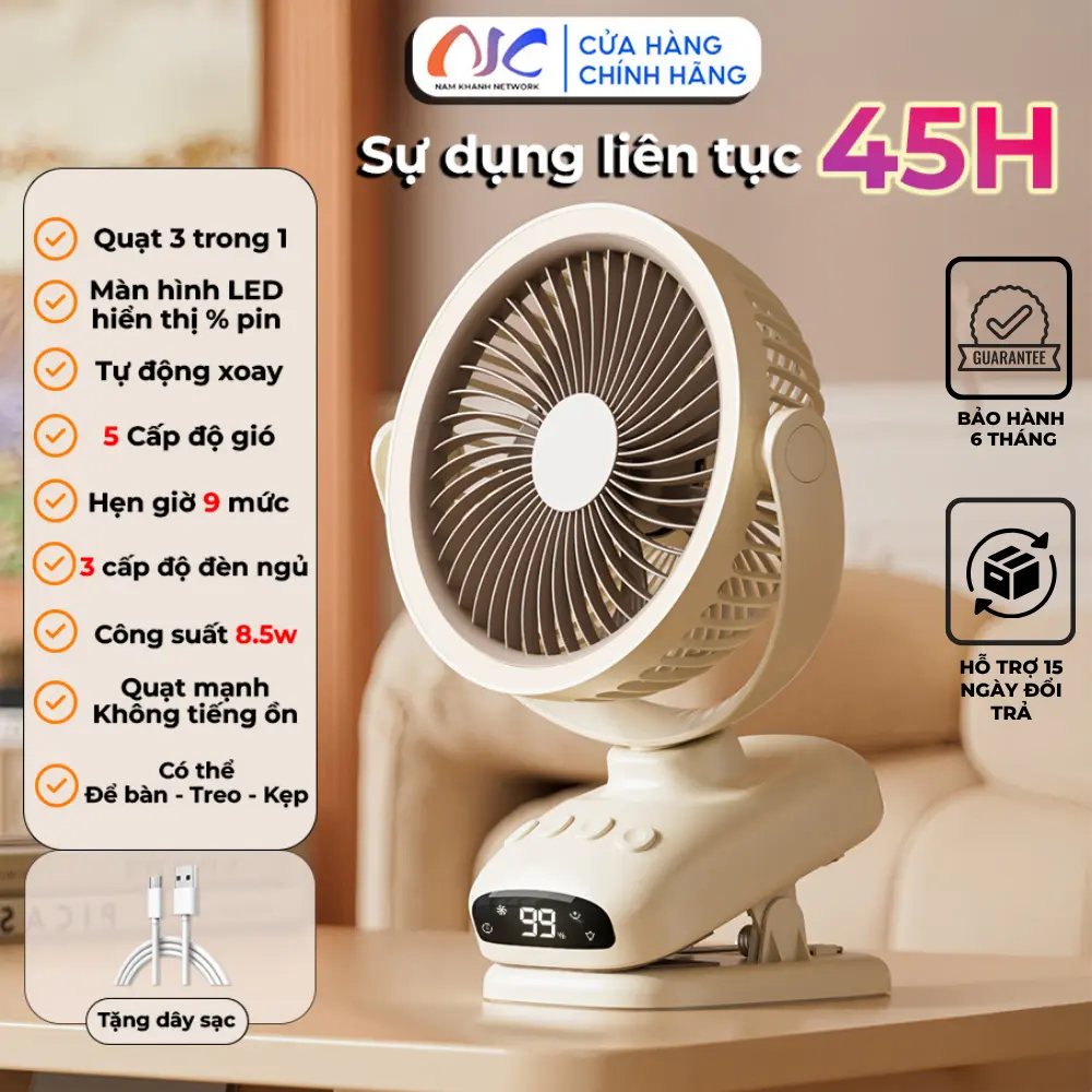 【 TỰ ĐỘNG XOAY 】Quạt Tích Điện, Quạt Kẹp, Quạt Để Bàn, 5 Chế Độ Gió, Công Suất 8W, Không Gây Tiếng Ồn, NKC52 [Bảo Hành 6 Tháng] | BigBuy360 - bigbuy360.vn