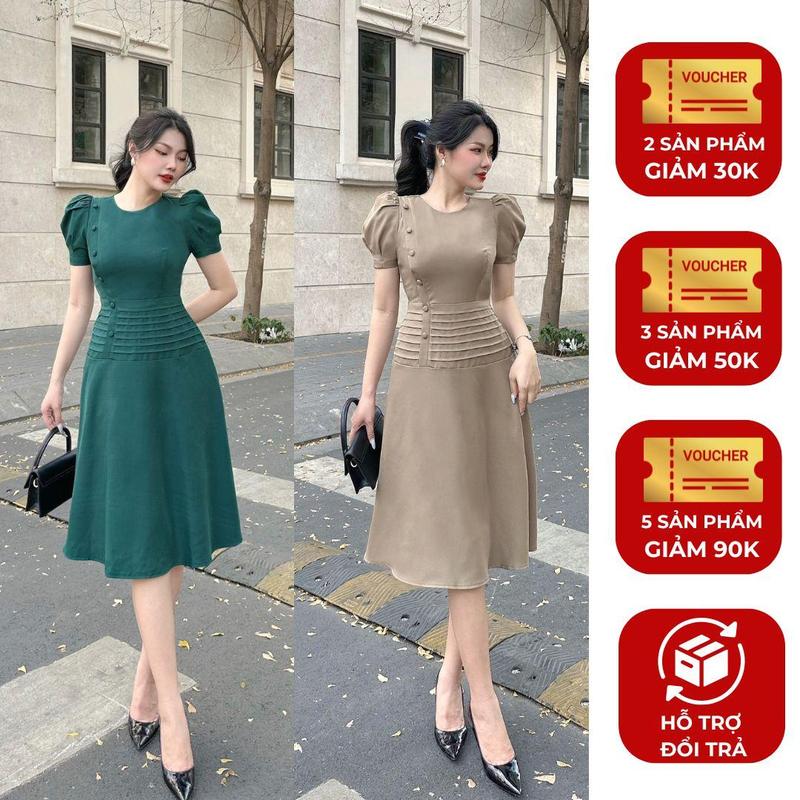  Đầm Nữ thiết kế Nhật Vy cổ tròn xếp ly eo đính nút bọc tay ngắn dáng xoè chất lụa phù hợp dự tiệc đi chơi màu đỏ nâu Xanh - D2820  Women Dress chiếc  váy Kem 