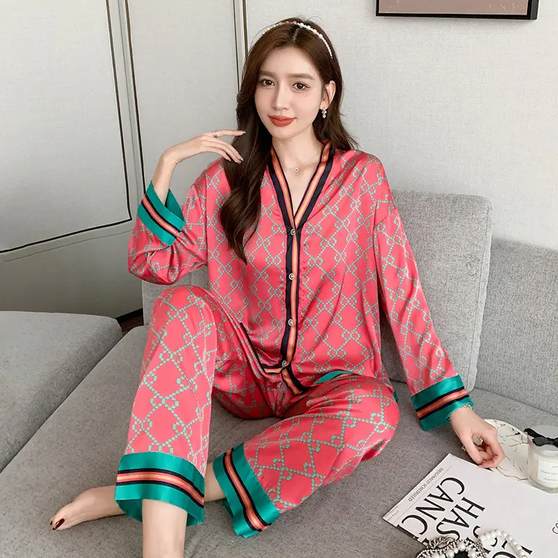 M-2XL  New Fashion Women Pajamas Set Stain Spring Autumn Sleepwear Luxury Brand Ice Silk Letter Printing Long  Sleeved Pyjamas Suit
