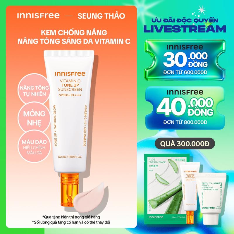 INNISFREE x SEUNG THẢO Kem chống nắng Vitamin C nâng tông sáng da INNISFREE Vitamin C Tone Up Sunscreen SPF50+ PA++++ 50mL