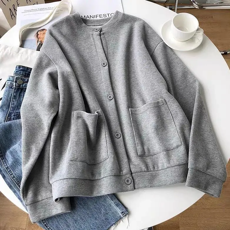 Vallina - Lamina Outer Plain Button Pocket Premium Outerwear Cardy Fleece Tebal Remaja Wanita Korean Style