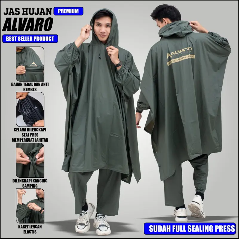 Jas Hujan Kelelawar Ponco Celana Mantel ALVARO Setelan Pria Wanita Raincoat Sealing Press Mantol Bahan PVC Anti Rembes 3
