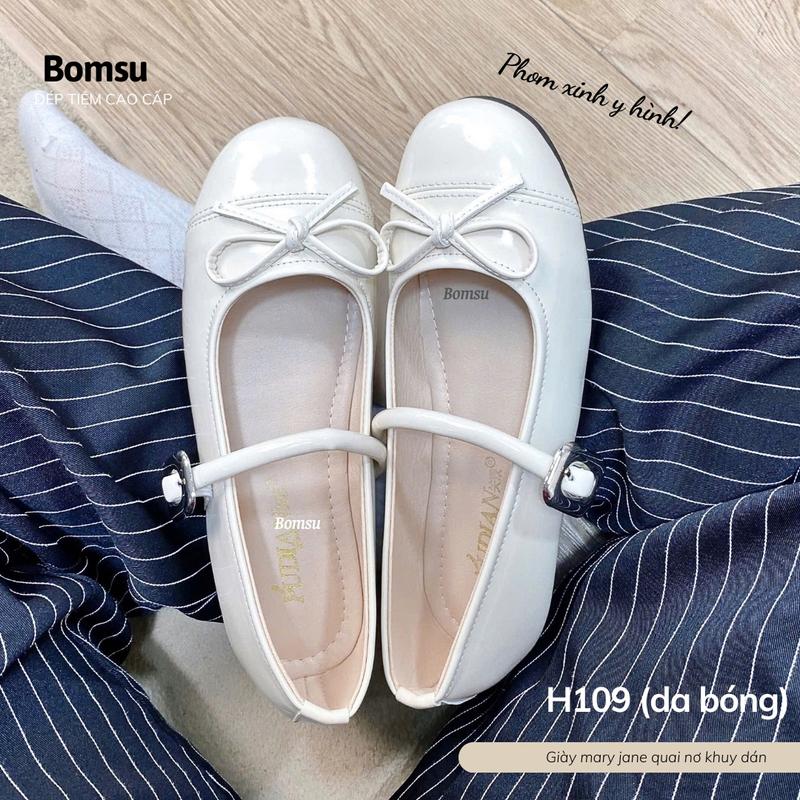   H103  Giày mary jane nữ đế bệt da mềm dây nơ xinh xắn mã H-103 phom vừa chân - Giày nữ thoải mái dễ đi 