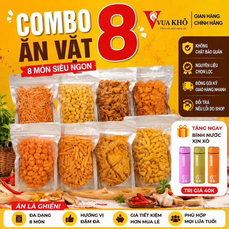 COMBO ĂN VẶT 8 MÓN + TẶNG BÌNH NƯỚC: Bimbim que - Bánh Sò - Nui chiên - Bánh…