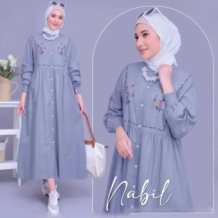 COD nabil Midi Dress full kancing aktif ukuran jumbo LD 110 Bahan polo linen mix bordir premium Midi Dress wanita kondangan Mewah Elegant ukuran M L XL XXL Style Modist/COD