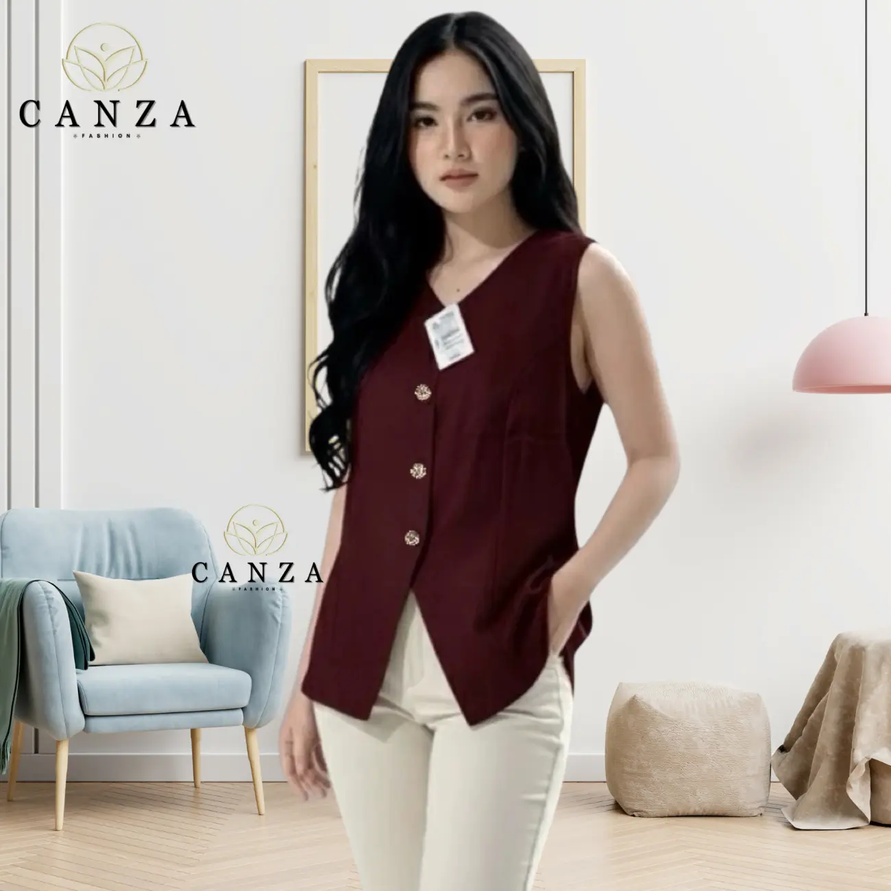 CANZA Vest Atasan Basic Top Rompi V-Neck Sleevess Wanita Best Quality