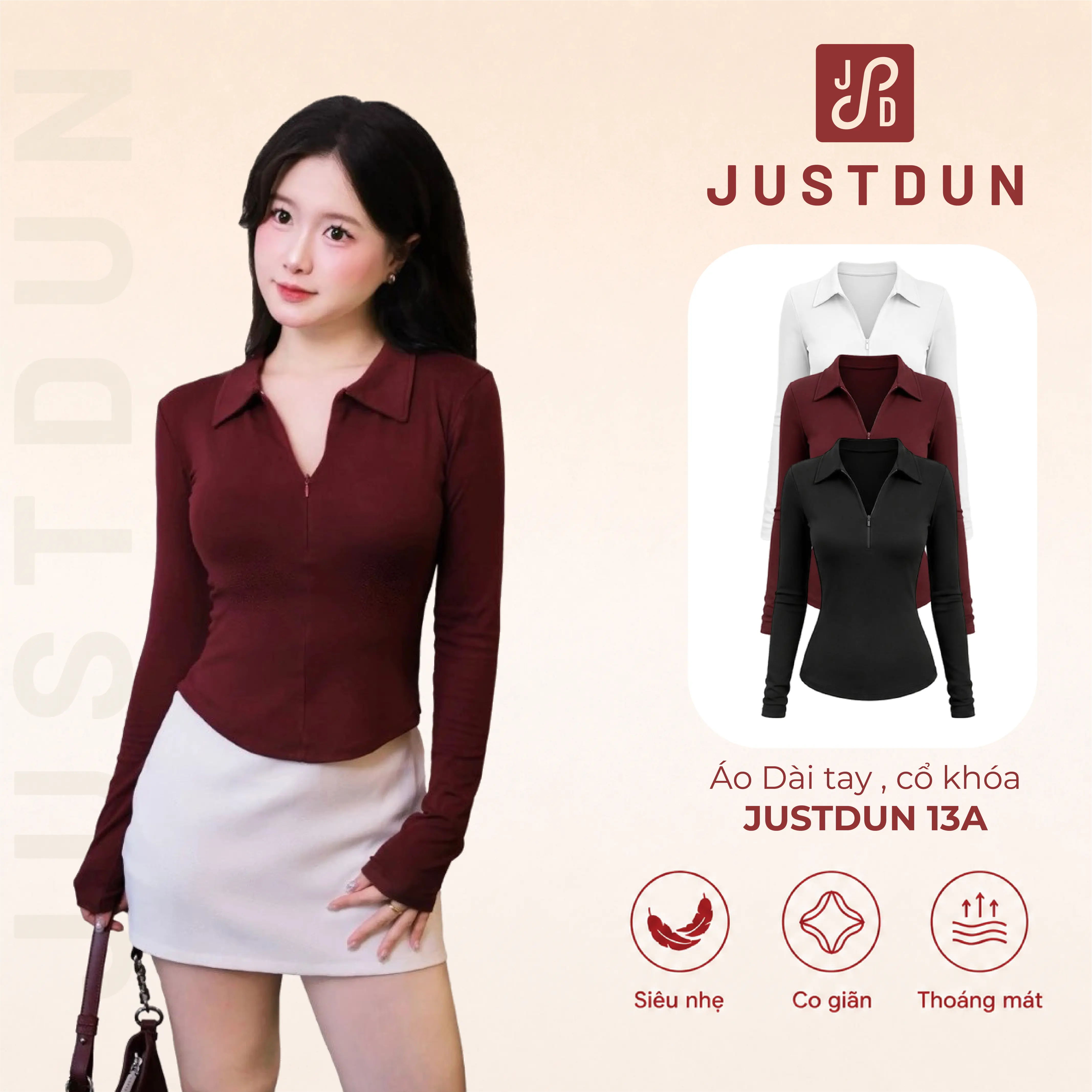 [DEAL XẢ KHO] Áo Thun Nữ JUSTDUN 13A - Tay Dài, Ôm Body, Cổ Bẻ Phối Khóa Kéo, Dáng Vạt Bầu, Cotton Mịn