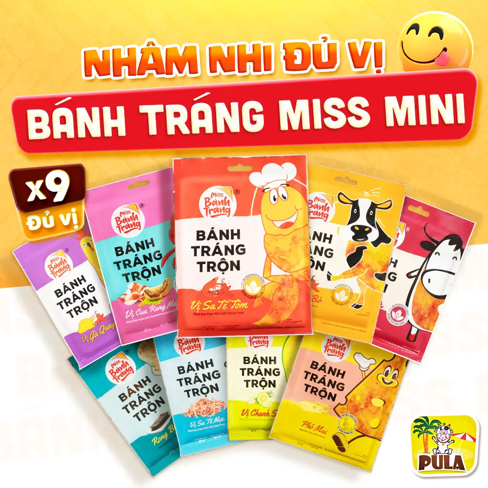 Combo Miss Trải Nghiệm | Mini 9 vị | Bánh Tráng Miss Mini Tiệm nhà Pula | Bánh Tráng Trộn Gói 20-23 Gram Đủ Vị | Ngon Dễ Nghiện