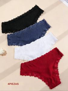 Paquete de 4 bragas de tanga de encaje para mujer, estilo dulce sin costuras, para uso diario, esencial para jóvenes, conjunto de ropa interior cómodo y versátil