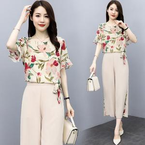 【T-shirts+Pants】Women Short Sleeve Chiffon Two Piece Sets Casual Loose Floral Print Fashion Flare Sleeve Lady Two Piece Suit
