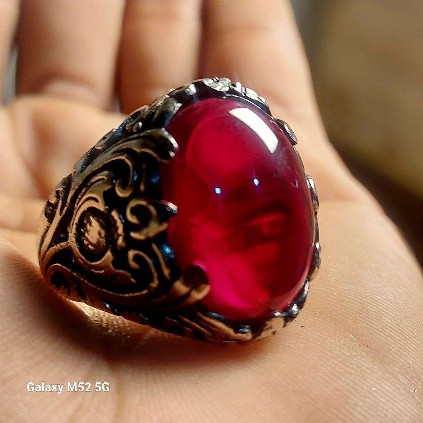 Cincin Siem Jaga Baya Merah Delima Ring Alpaka Super Elegan Dengan Desain Ukiran Elegan Dan Batu Permata Merah Delima
