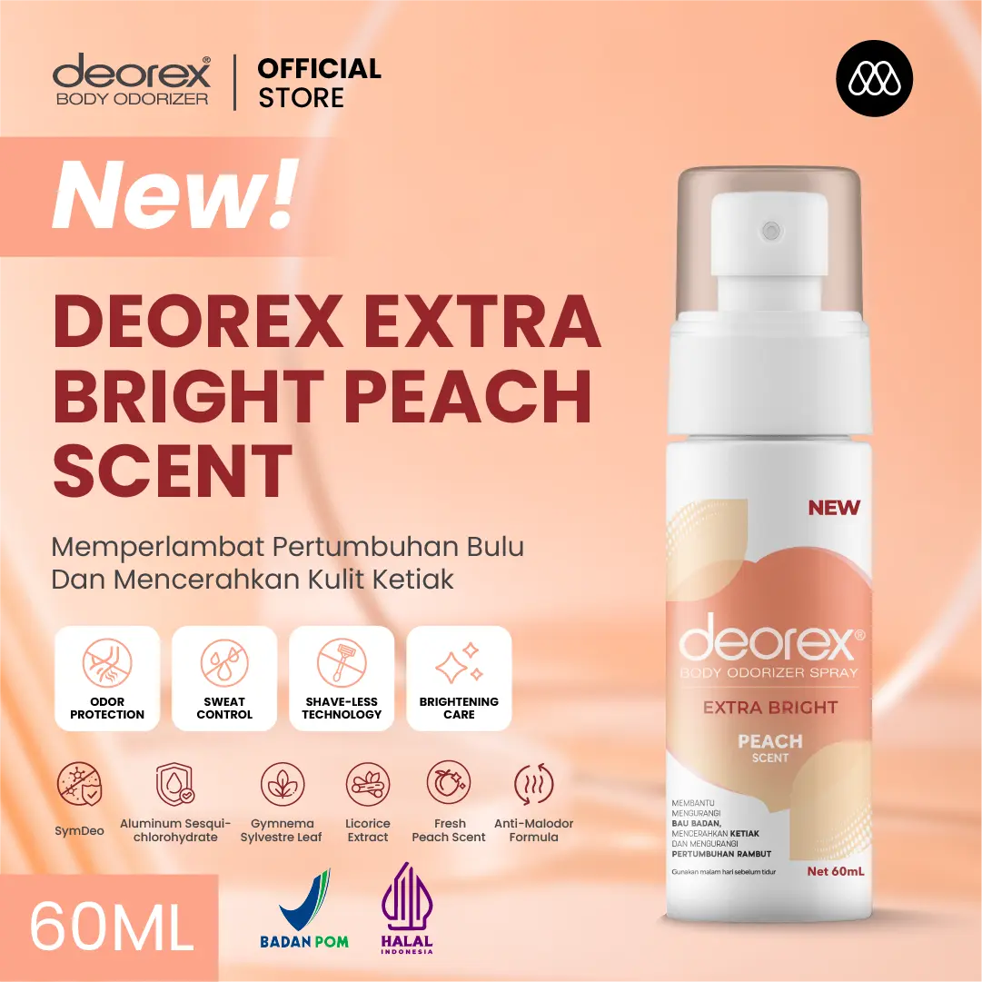 Deorex Body Odorizer Spray Extra Bright Peach Scent 60 ML Pengganti Deodorant Antiperspirant Brightening Solusi Bau Badan dan Keringat Berlebih