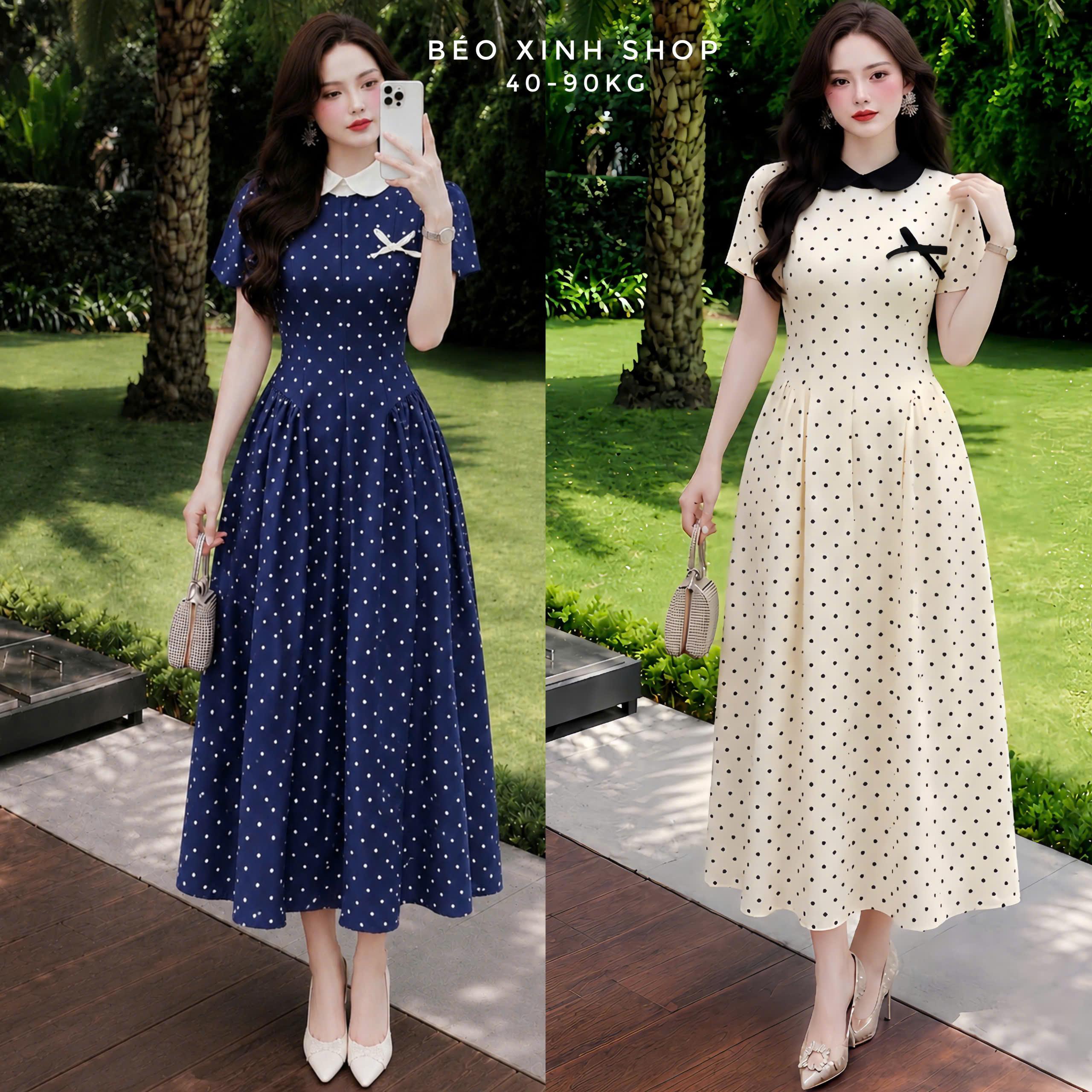 Đầm Chấm Bi Cổ Sen Nữ Bigsize Form Xòe Thanh Lịch 40–90kg Thời Trang Nữ Béo Xinh Shop - B.1895