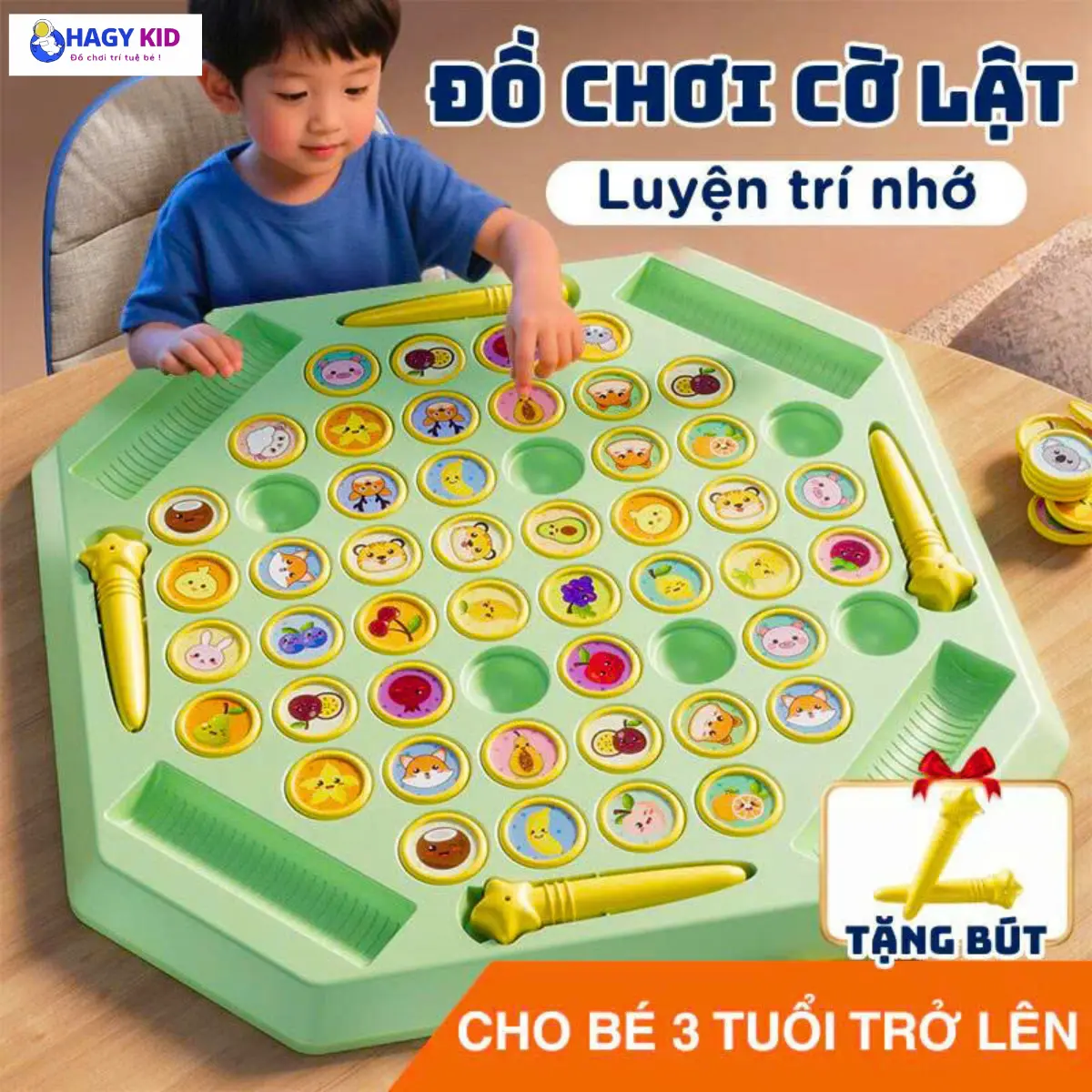Đồ Chơi Cờ Lật Luyện Trí Nhớ Với Nhiều Chủ Đề Động Vật, Trái Cây Board Game, Hagykid Tặng Kèm 2 Bút