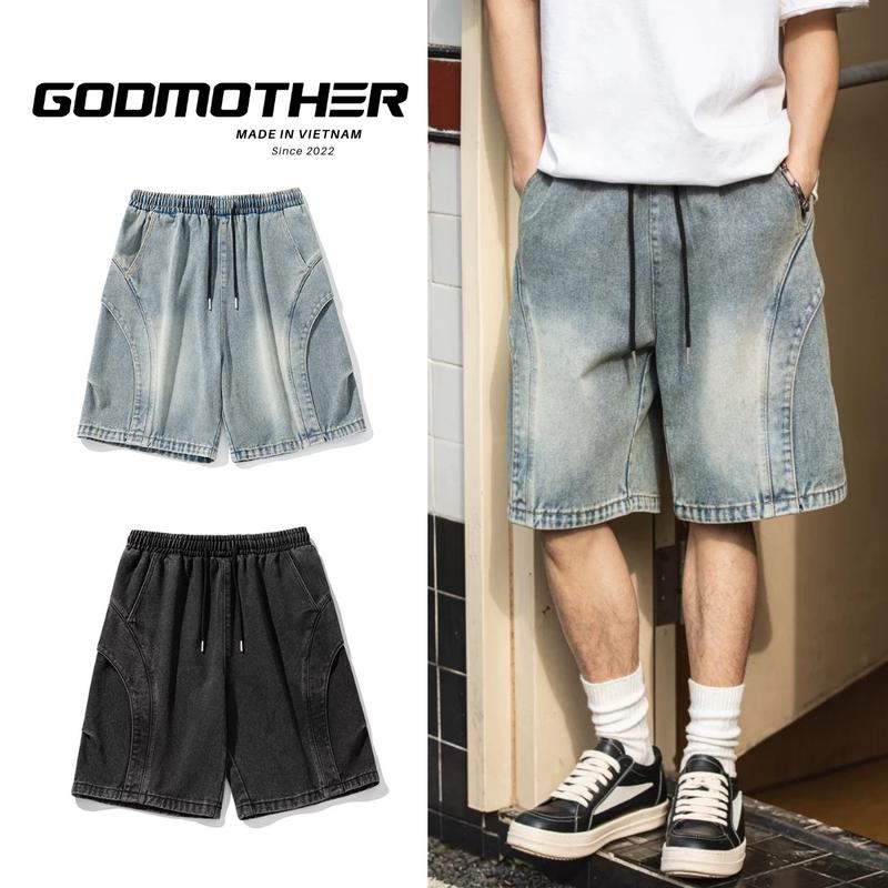 Quần Short Jean Cạp Chun GODMOTHER Quần Short Jean Màu Xanh Đen Phong Cách Đường Phố Hiphop Hàn Quốc