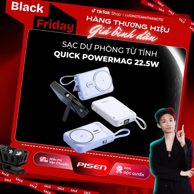 Deal độc quyền Sạc Dự Phòng Từ Tính Pisen Quick PowerMag 22.5W 10000mAh | Sạc Nhanh 2 Chế Độ | Sạc 4 Thiết Bị 1 Lúc Nhỏ Gọn Bỏ Túi Dễ Dàng Mang Đi. Tiện Lợi Phù Hợp Điện Thoại Android IOS | TP-D114 | Bảo Hành 24 Tháng | Bảo Hiểm 2 Triệu Đô