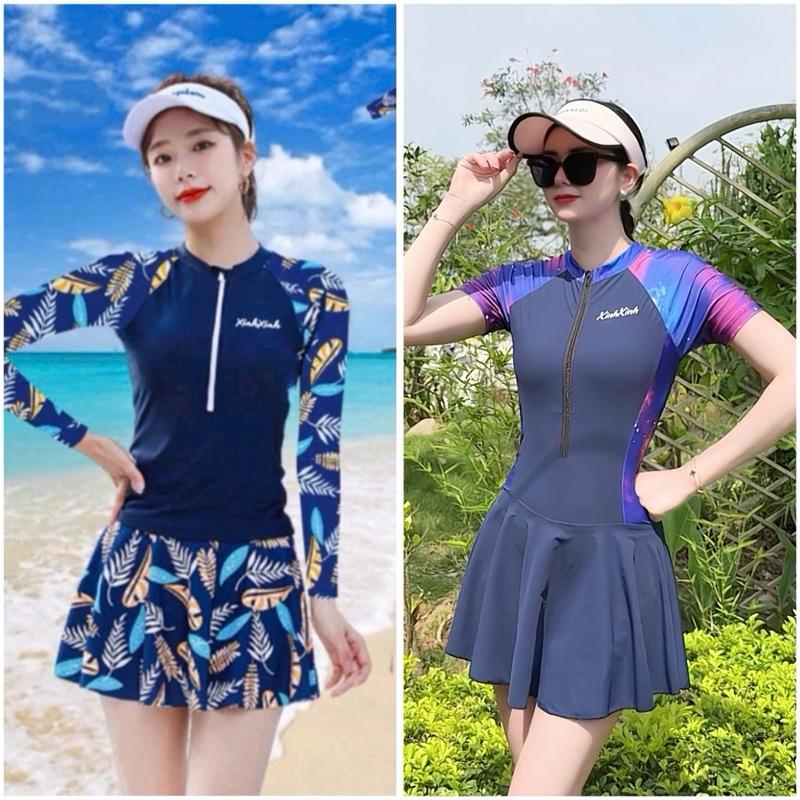    M-L-XL  Bikini đi biển 2 mảnh váy xoè kín đáo phối bông hoạ tiết cực xinh 