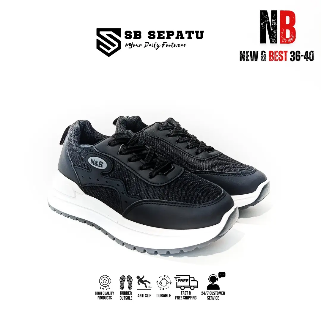 NEW AND BEST BLACK NBP-2371W || SNEAKERS FASHION COWOK CEWEK HITAM || SEPATU SEKOLAH ANAK TANGGUNG COWOK CEWEK ELASTIS IMPORT || SEPATU KETS CEWEK COWOK.
