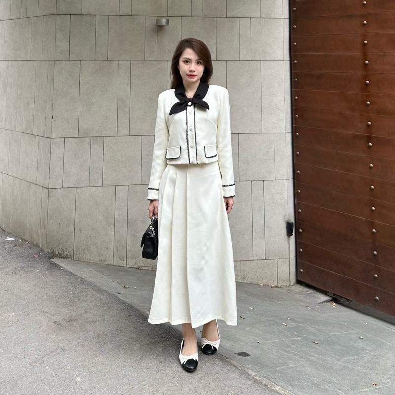 Set Thiết Kế Dạ Cổ Lá Phối Viền Ren Túi Nắp Dáng Dài Tiểu Thư