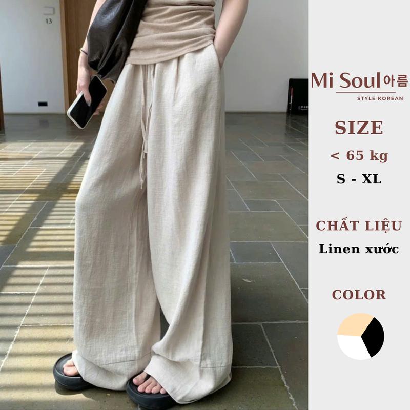 Quần Linen Nữ Ống Rộng Dáng Suông MiSoul Cạp Chun Đáp Gấu Quần Lanh Lưng Thun Co Giãn Có Túi Bên Sườn 440