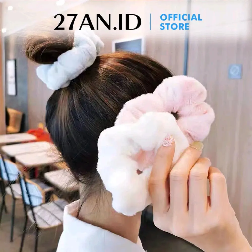 Ikat Rambut Wanita Scrunchie H498 Korea Kunciran Cepol Jilbab Lingkar Besar Bulu Lembut Korea Motif Polos