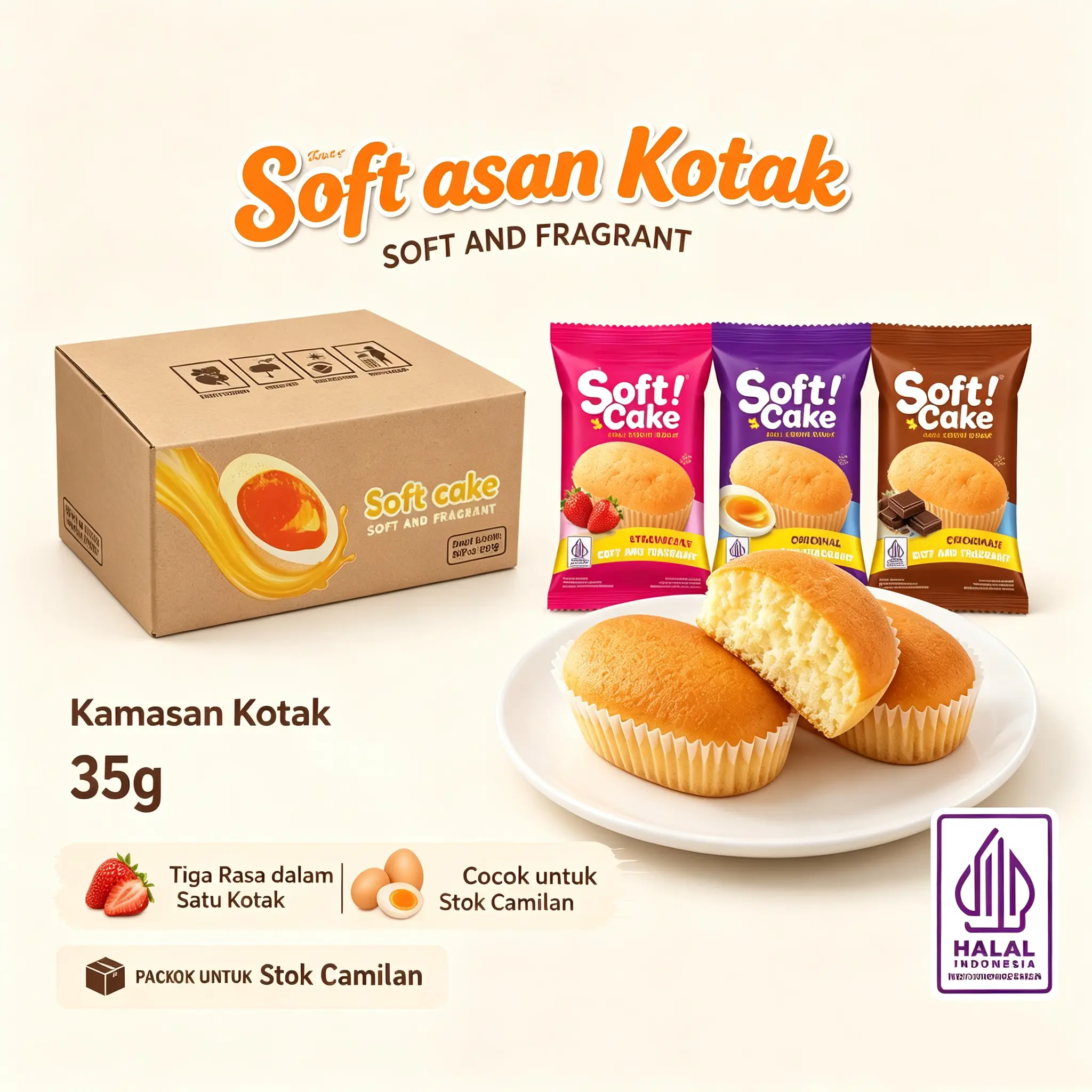 HALAL Custartt Cake Kue Bolu Isi Krim Rasa Custard Stroberi Cokelat 3/12/24/36 pcs Lembut & Creamy untuk Baking & Food Lezat Manis