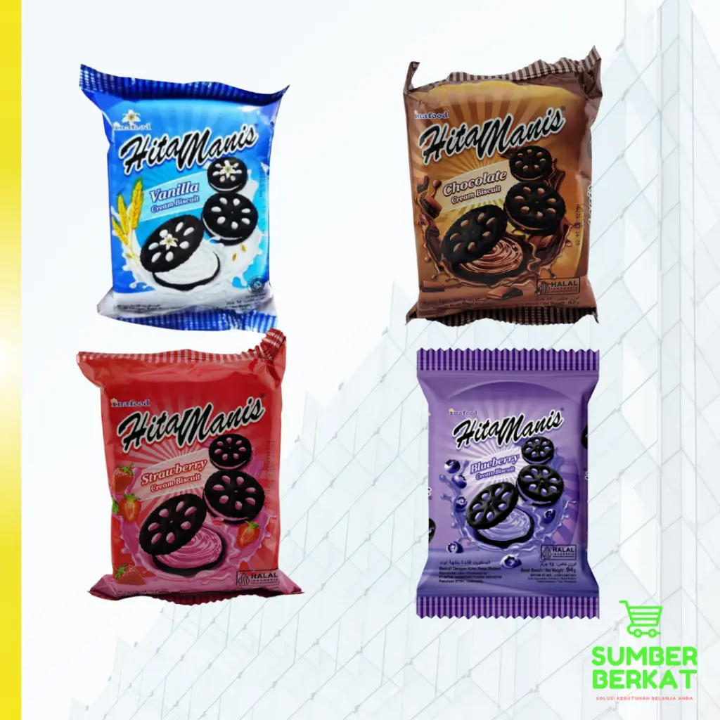 Inafood Hitam Manis Vanilla, Coklat, Bluberi, Stroberi Cream Biskuit 82gr