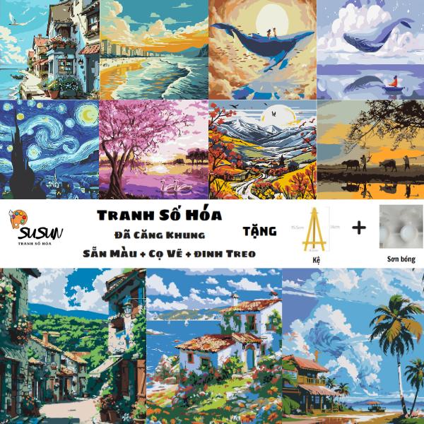 Tranh Số Hóa 20*20 Chủ Đề Phong Cảnh Thiên Nhiên Đã Căng Sẵn Khung Full phụ Kiện Đi Kèm Tô Màu Vẽ Tranh