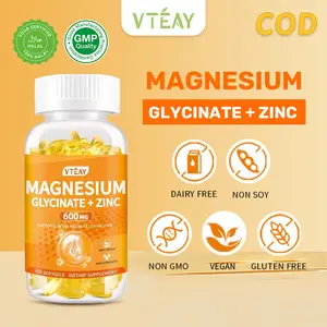 VTEAY Magnesium Glycinate + Zinc 600mg Softgels - Natural Vegan Supplement, Support Nerve & Muscle Function, Deep Sleep, Immune System, Non - GMO & Gluten - Free, 60 Capsules