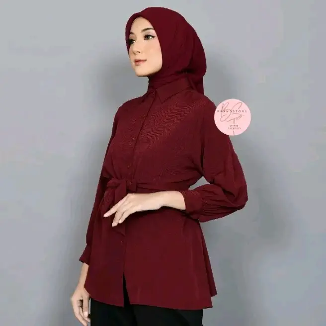 KR - Kemeja Basic Belt Simple Sepuluh Model Kemeja Wanita Remaja Dewasa Formal Kerja Kuliah Kerah Casual Atasan Wanita Ootd Fashion Korean Style Terbaru Murah Baju Kancing Katun Muslim Panjang Toyobo 3
