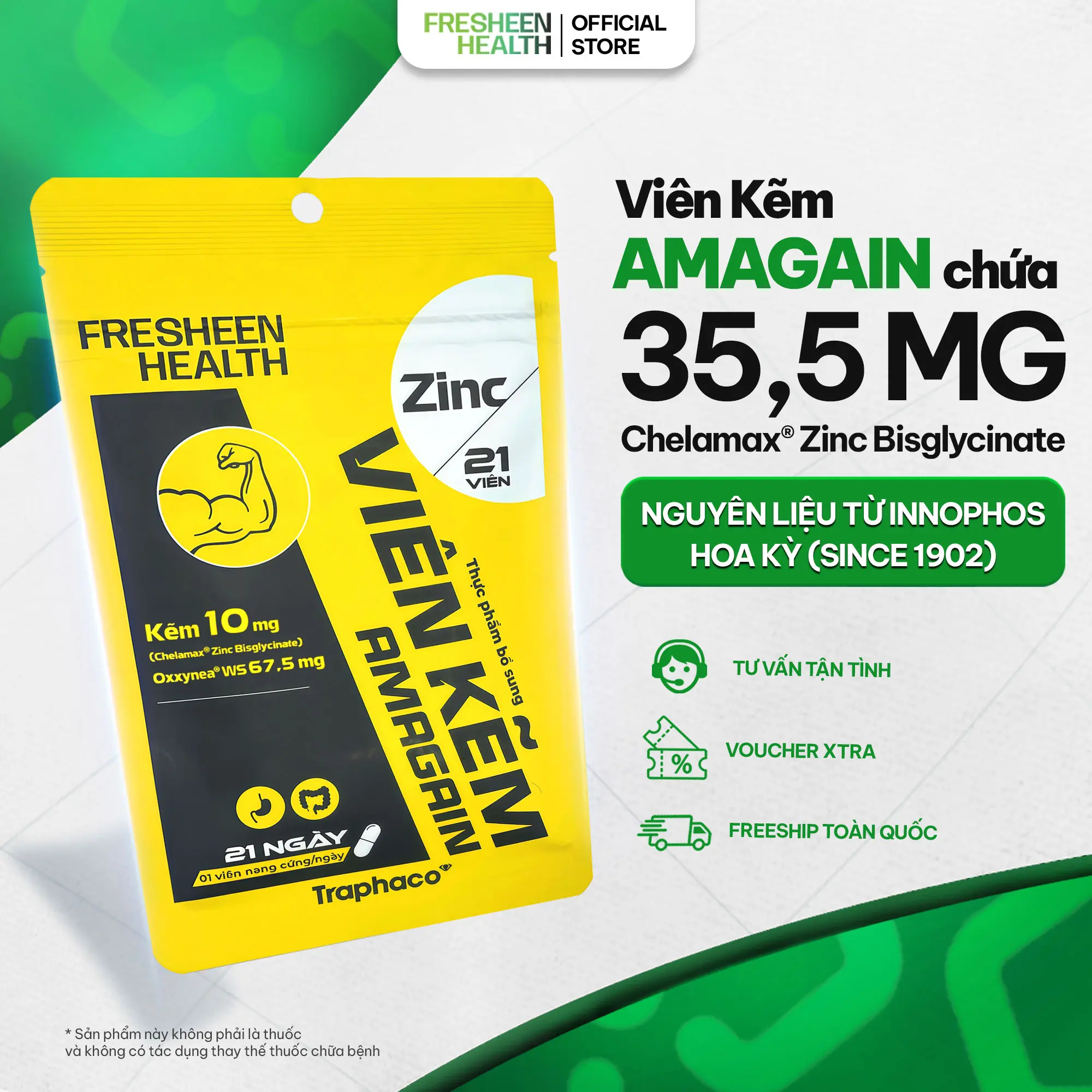[DEAL SỐC] Viên kẽm AMAGAIN bổ sung Kẽm Chelamax Bisglycinate  phù hợp với người có sức khỏe kém, mệt mỏi, chán ăn rụng tóc - phân phối bởi Fresheen Health