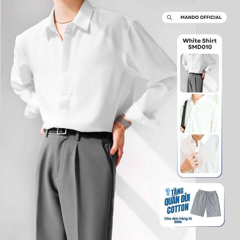 SMD101 Áo Sơ Mi Lụa Trắng Nam Giấu Cúc Form Rộng Dài Tay Cao Cấp MANDO Phong Cách Hàn Quốc Thời Trang Nam MANDO Menswear Shirt
