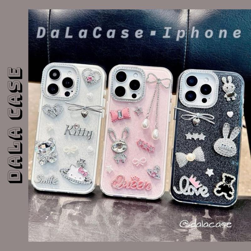  Ốp Lưng Nhũ 2 Lớp Hồng Kem Đen Charm Thỏ Kitty Queen Love 